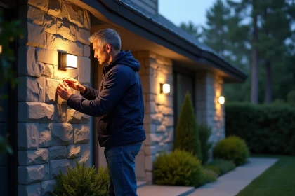 Homme ajustant une lampe extérieure moderne sur une façade en pierre