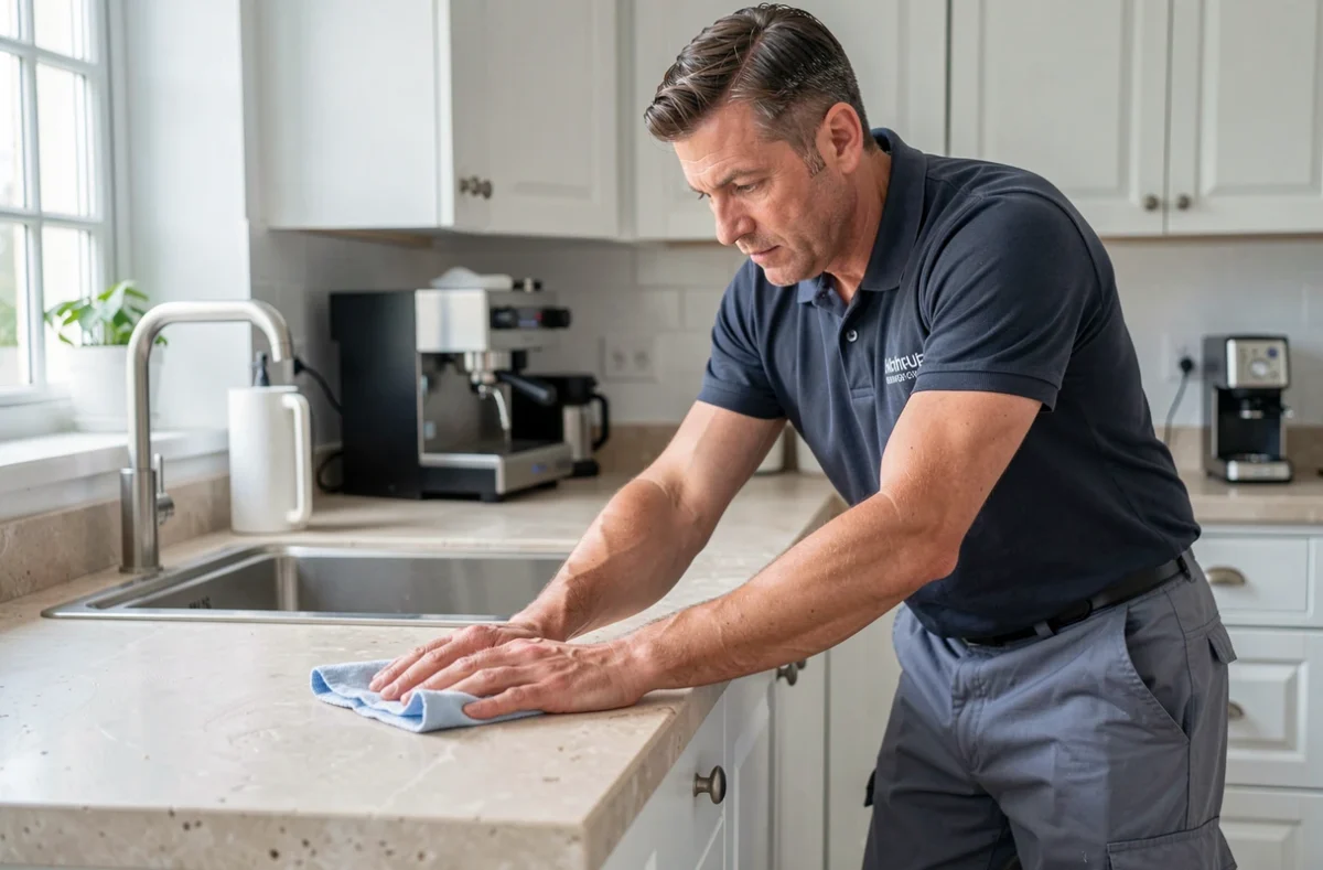 Agent d'entretien masculin nettoyant le plan de travail d'une cuisine moderne dans un appartement du 95