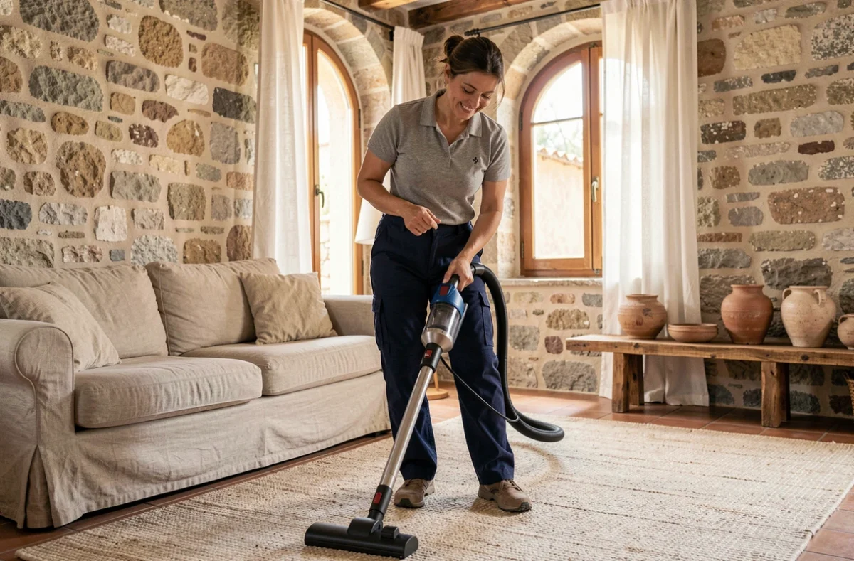 Aide ménagère passant l'aspirateur dans un salon de style provençal à Marseille