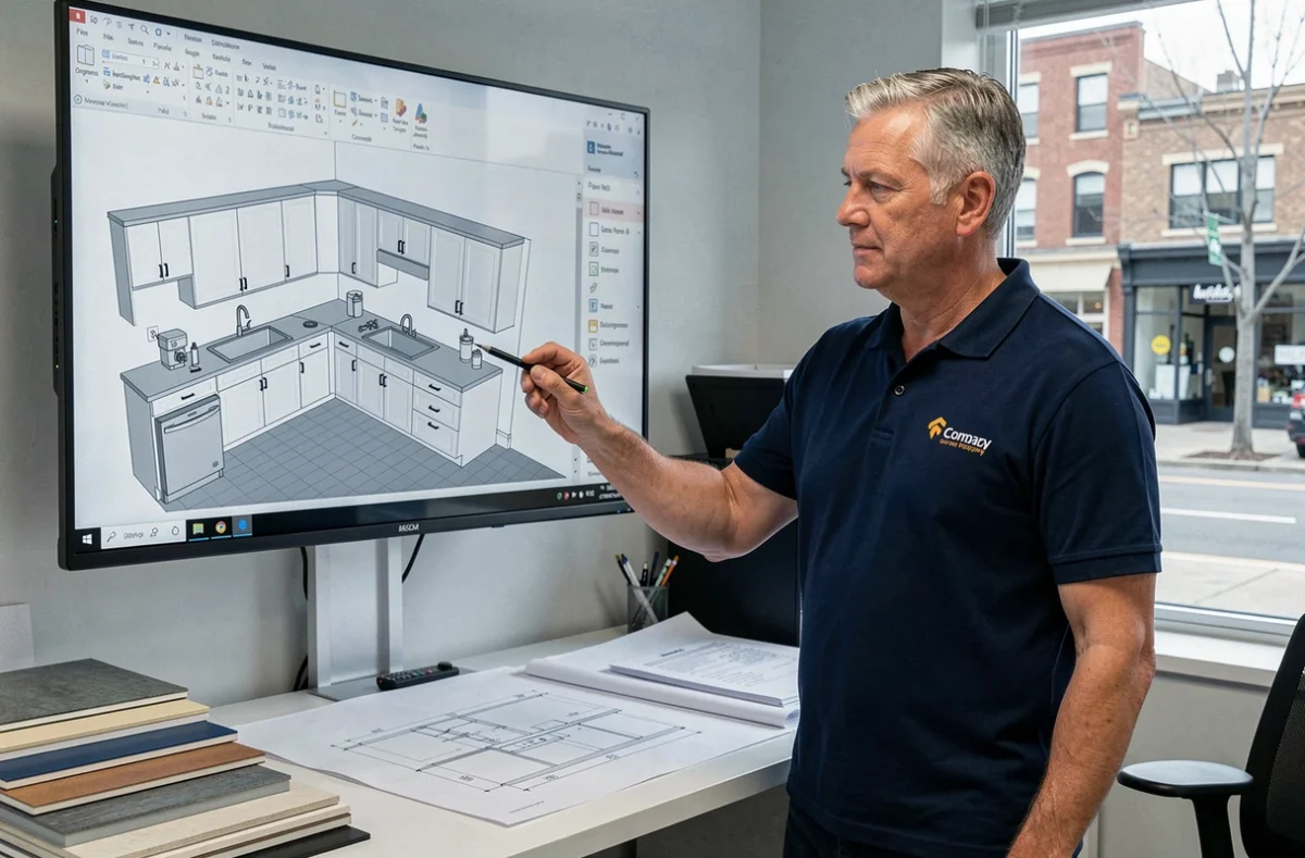 Planificateur AMG-P présentant un plan de cuisine en 3D sur écran numérique