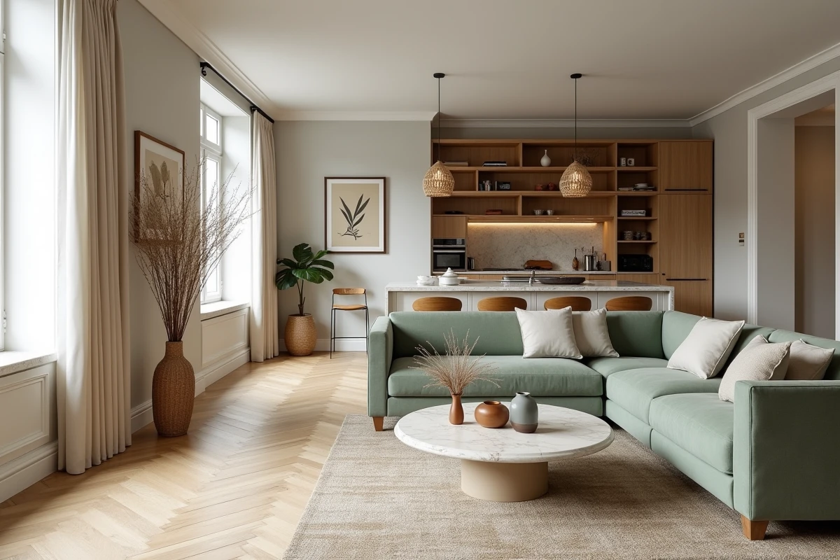 Appartement parisien rénové par un architecte intérieur avec parquet en chevrons, canapé velours et îlot en marbre