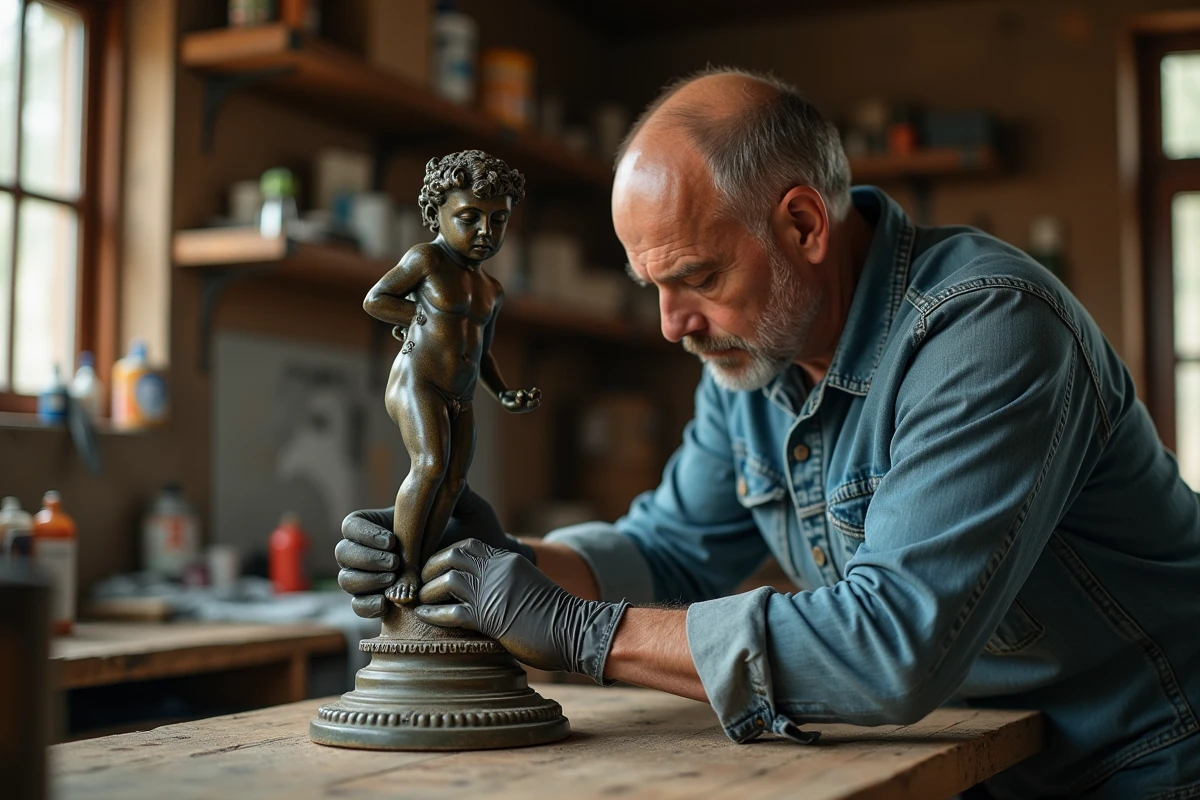 Homme appliquant de la cire protectrice sur une statue en bronze dans un atelier de restauration artisanal