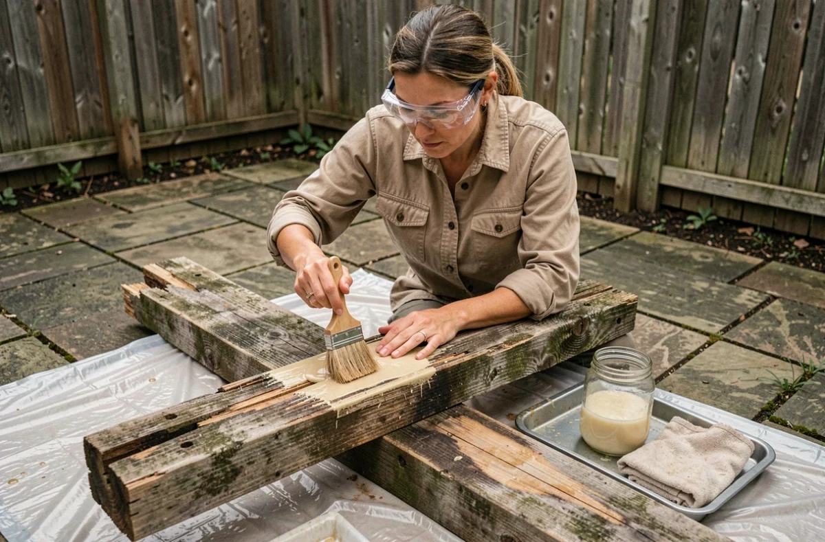Femme appliquant un durcisseur bois artisanal sur une poutre abîmée à l'extérieur avec un pinceau