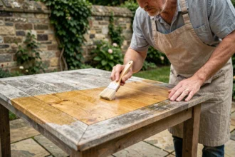 Homme appliquant une huile protectrice sur une table en bois de teck extérieure pour éviter le grisaillement