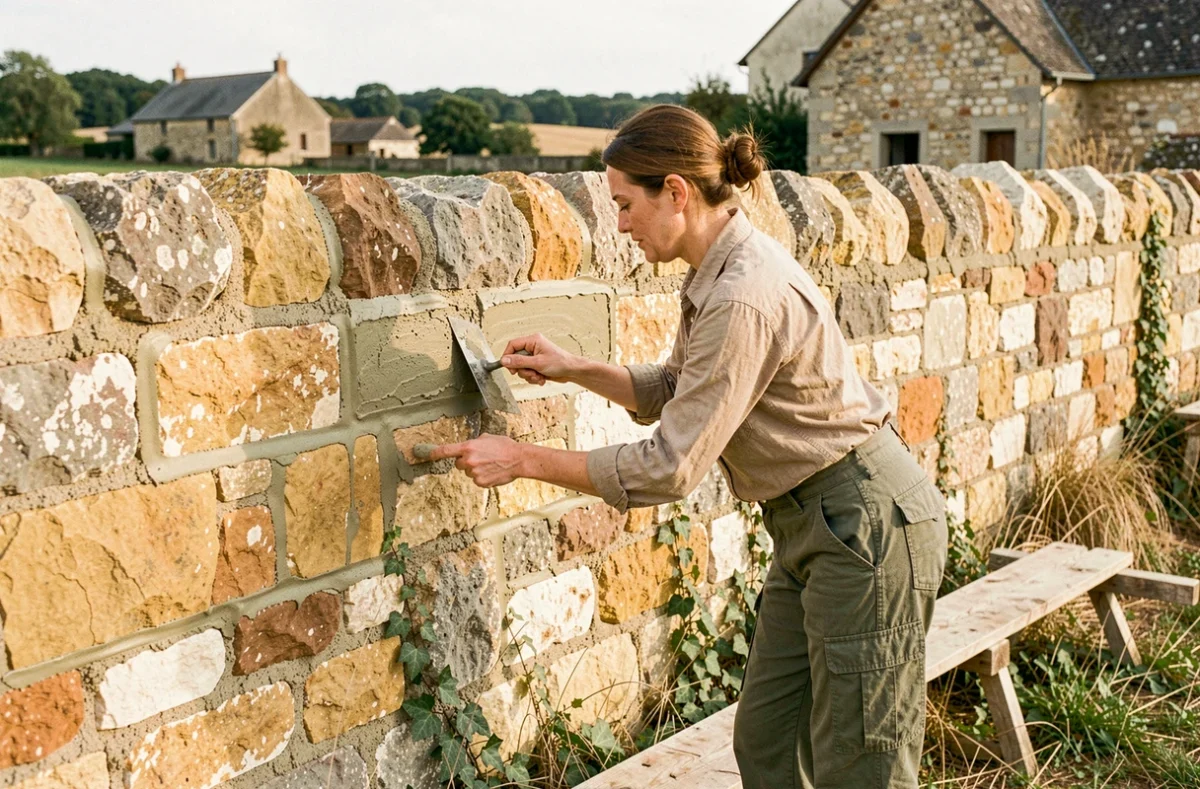 Femme maçonne appliquant un mortier de chaux et sable sur les joints d'un mur en pierres de taille en milieu rural