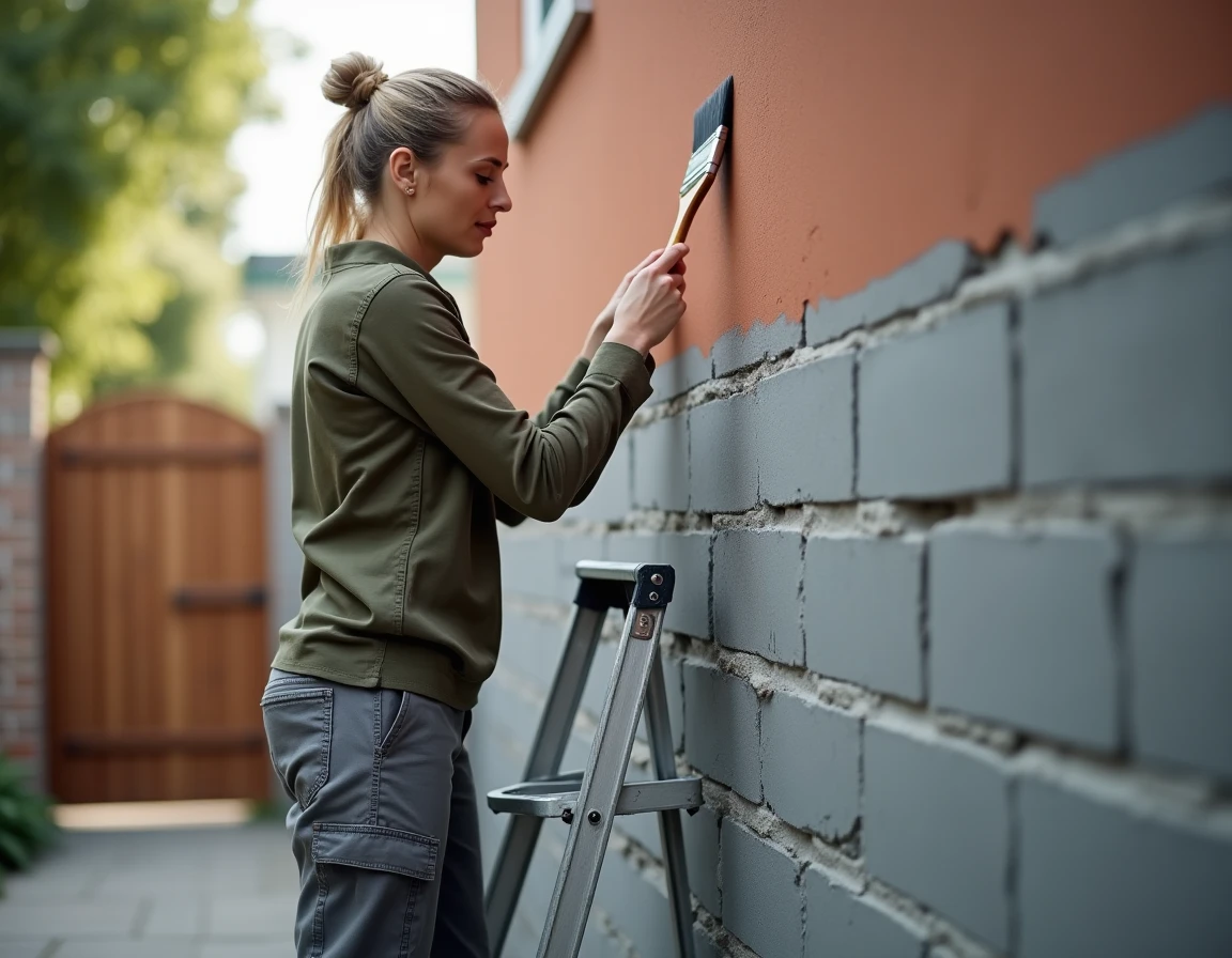 Femme appliquant de la peinture extérieure sur les joints d'un mur en parpaing depuis un escabeau