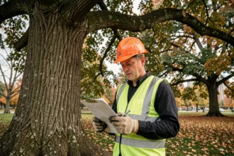 Arboriste professionnel examinant un chêne dans un parc avant un chantier d'élagage, tenant un dossier d'appel d'offre