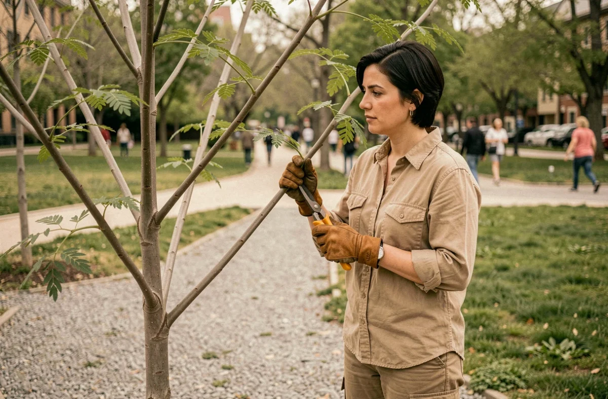 Arboriste féminine inspectant attentivement la structure des branches d'un jeune acacia dans un parc urbain avant son élagage