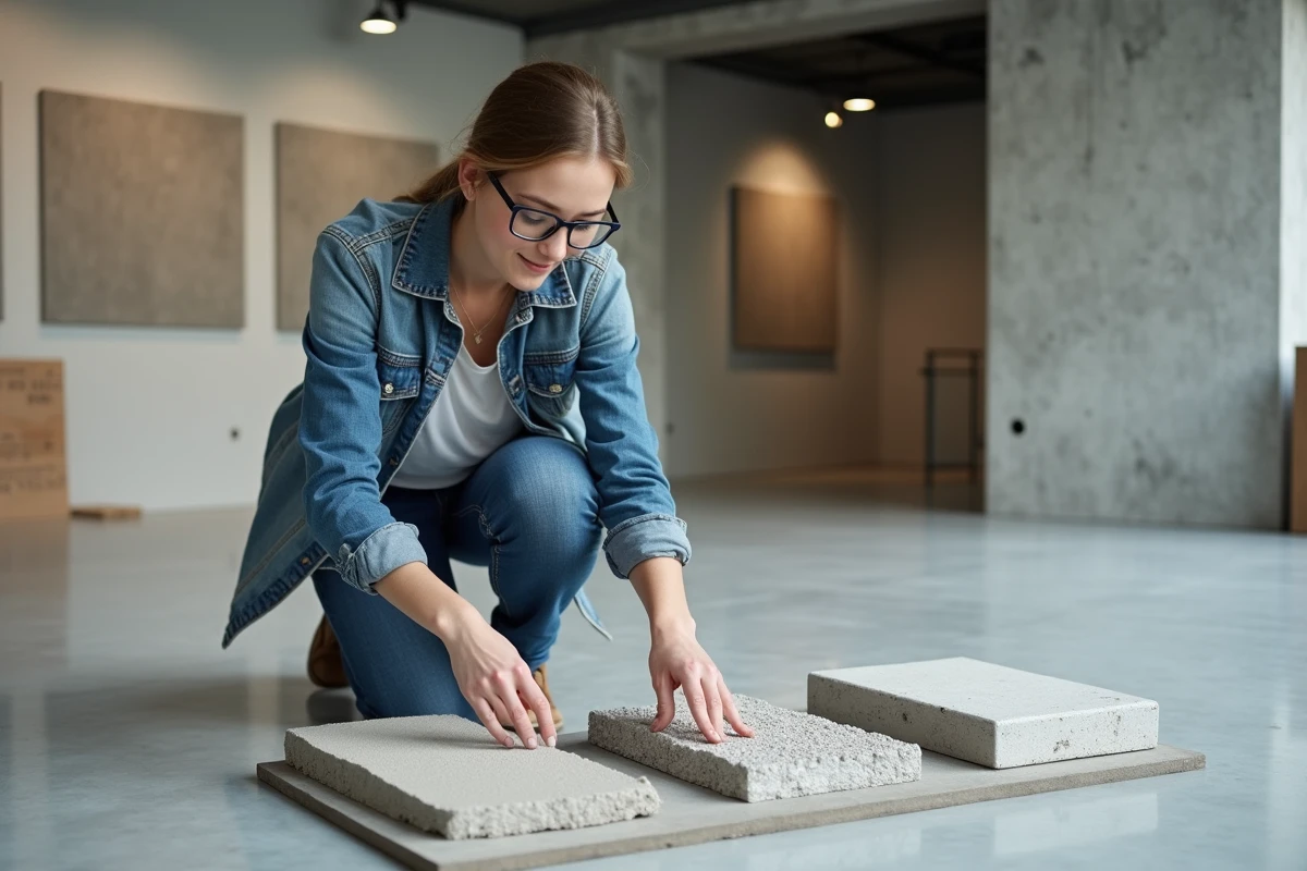 Jeune architecte montrant des échantillons de béton dans un showroom intérieur