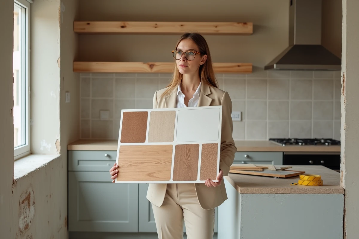 Architecte d'intérieur présentant des échantillons de matériaux dans une cuisine en cours de rénovation