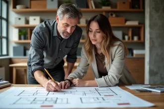 Architecte intérieur présentant des plans de rénovation à une propriétaire dans un studio de design professionnel