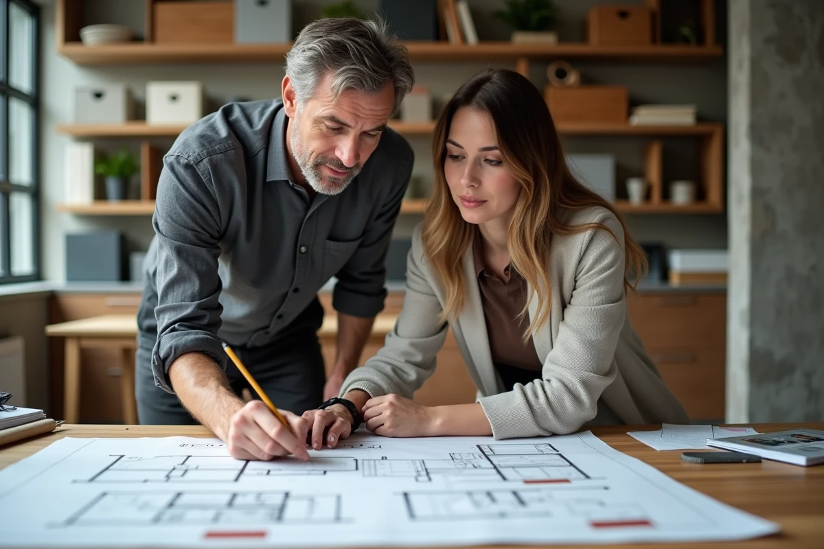 Architecte intérieur présentant des plans de rénovation à une propriétaire dans un studio de design professionnel