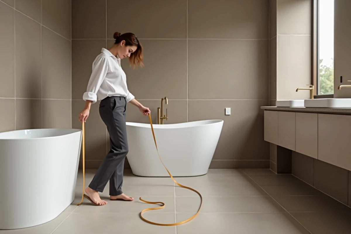 Architecte mesurant une salle de bain de 6 m² avec baignoire et double vasque pour respecter les normes