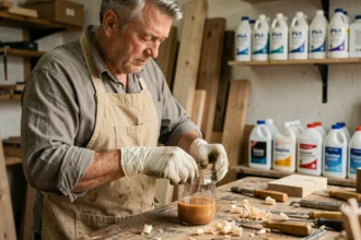 Artisan mélangeant un durcisseur bois fait maison à base de colle et solvant dans un atelier de menuiserie