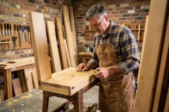 Artisan menuisier mesurant un volet en bois dans un atelier de menuiserie extérieure traditionnel