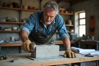 Artisan mesurant un parpaing avec un mètre ruban sur un établi d'atelier, vérification des dimensions et normes NF