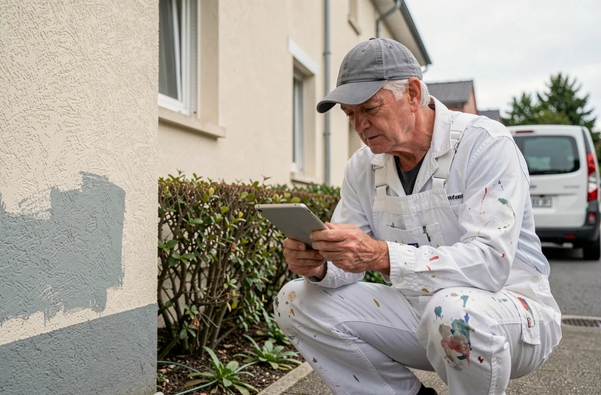 Artisan peintre consultant une estimation de travaux sur tablette devant une maison individuelle en rénovation extérieure