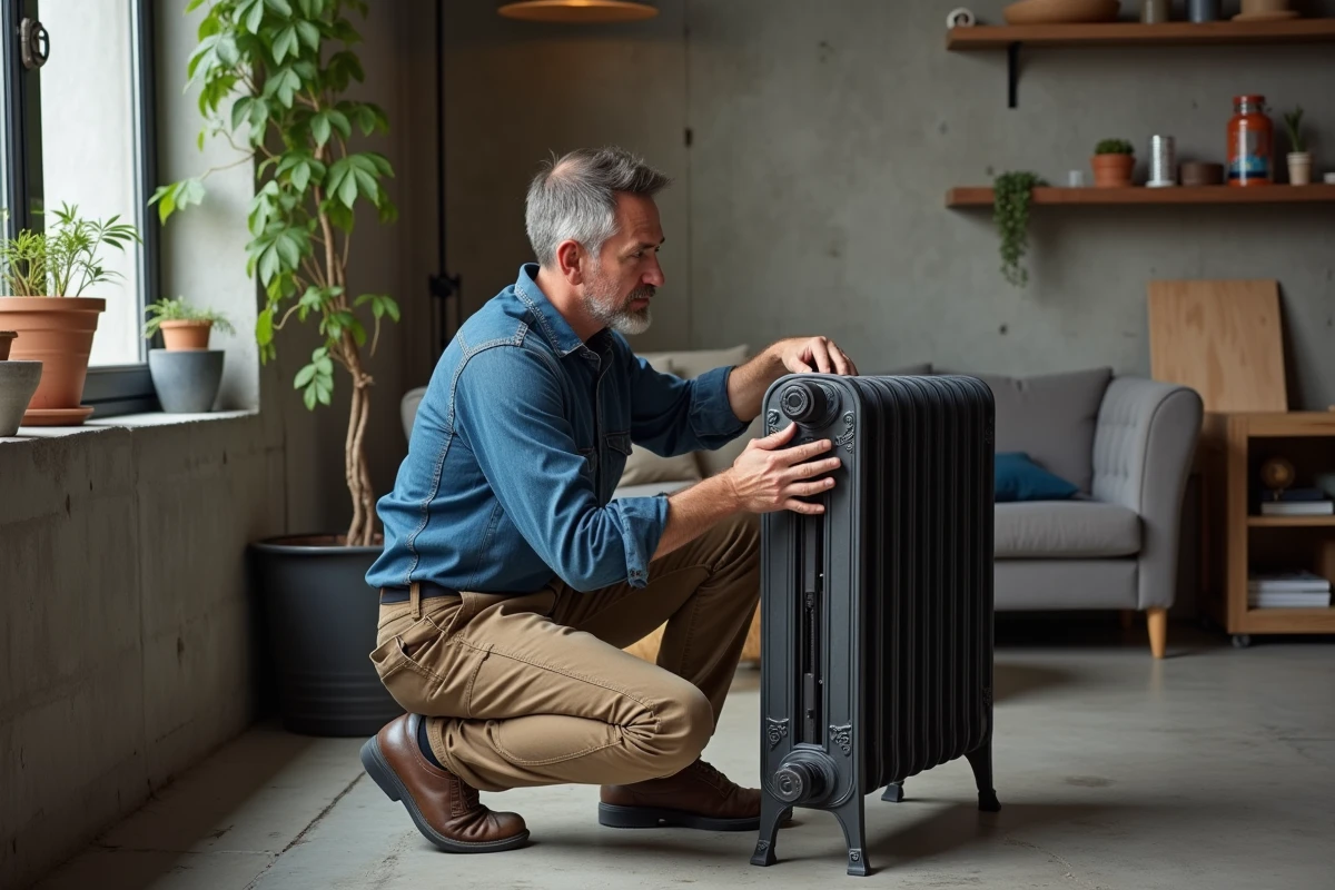Artisan installant un radiateur en atelier urbain