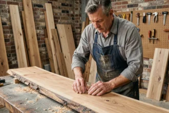 Artisan menuisier examinant les veines d'une planche en bois exotique massif de teck dans un atelier traditionnel