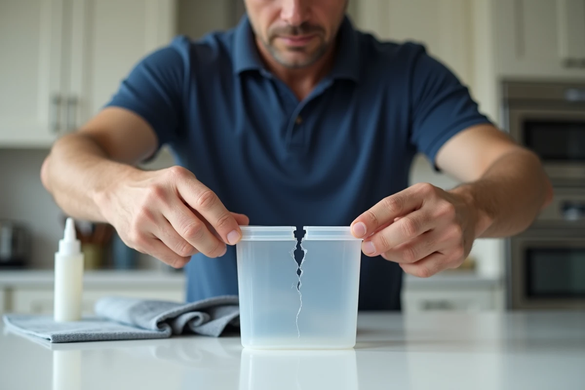 Homme maintenant deux morceaux de plastique collés ensemble sur un plan de travail de cuisine