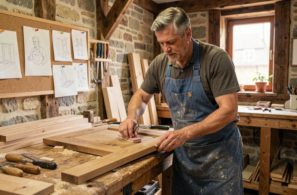 Artisan cuisiniste de l'Atelier Aigret Gosset travaillant le bois dans son atelier