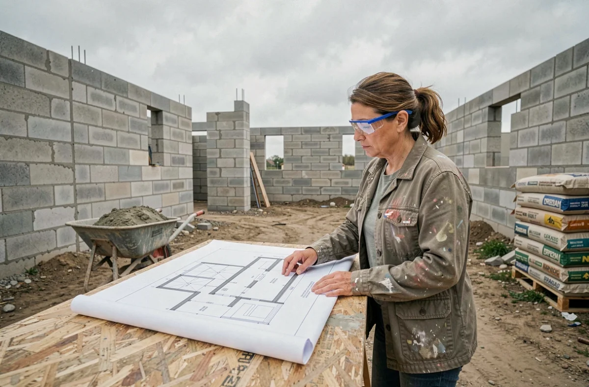 Femme consultant un plan architectural sur un chantier d'autoconstruction pour optimiser le budget des travaux