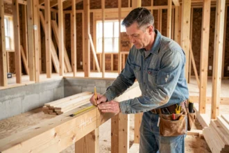 Homme mesurant une poutre en bois sur un chantier d'autoconstruction pour réduire les coûts de construction