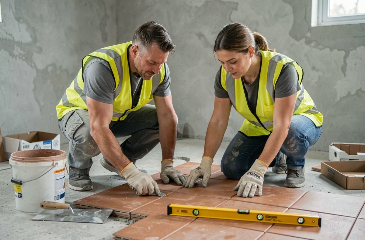 Couple posant des carreaux en autoconstruction pour faire baisser les coûts de leur maison