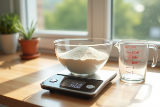 Balance de cuisine avec bol de farine pesée à 300g
