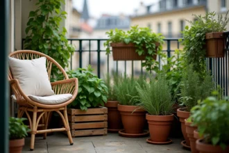 Balcon urbain aménagé en coin nature avec des plantes aromatiques en pots en terre cuite et mobilier en rotin