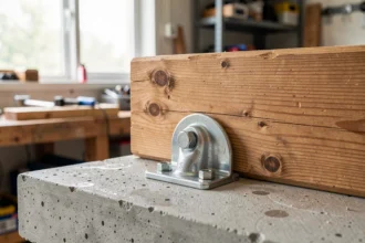 Bastaing en bois fixé sur une dalle béton par un goujon d'ancrage