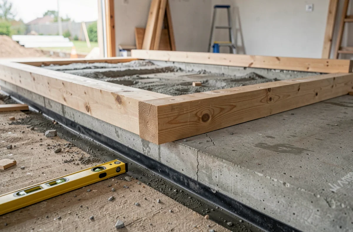 Bastaing posé sur une bande d'arase au-dessus d'une dalle béton