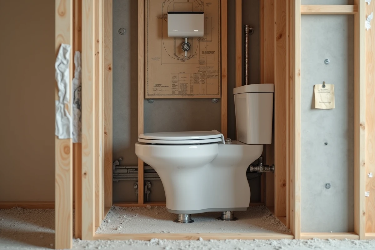 Cadre de bâti-support de WC suspendu intégré dans une cloison en plaque de plâtre avec plan technique de dimensions affiché