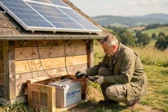 Homme inspectant une batterie AGM connectée à un panneau solaire 150W sur un chalet rural