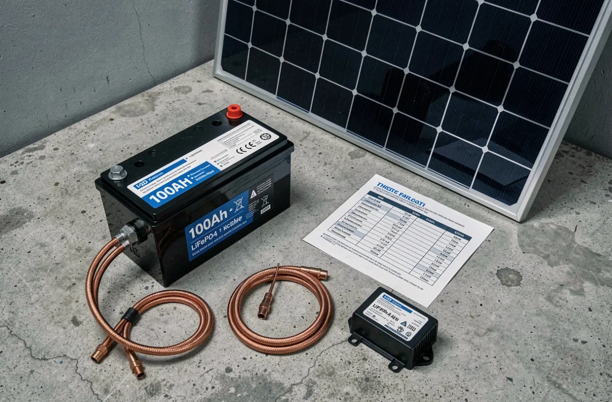 Batterie lithium LiFePO4 et panneau solaire 150W posés sur béton dans un atelier technique