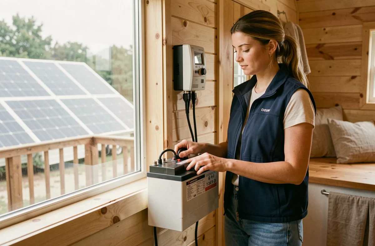 Femme connectant une batterie plomb-acide à un régulateur solaire dans une tiny house