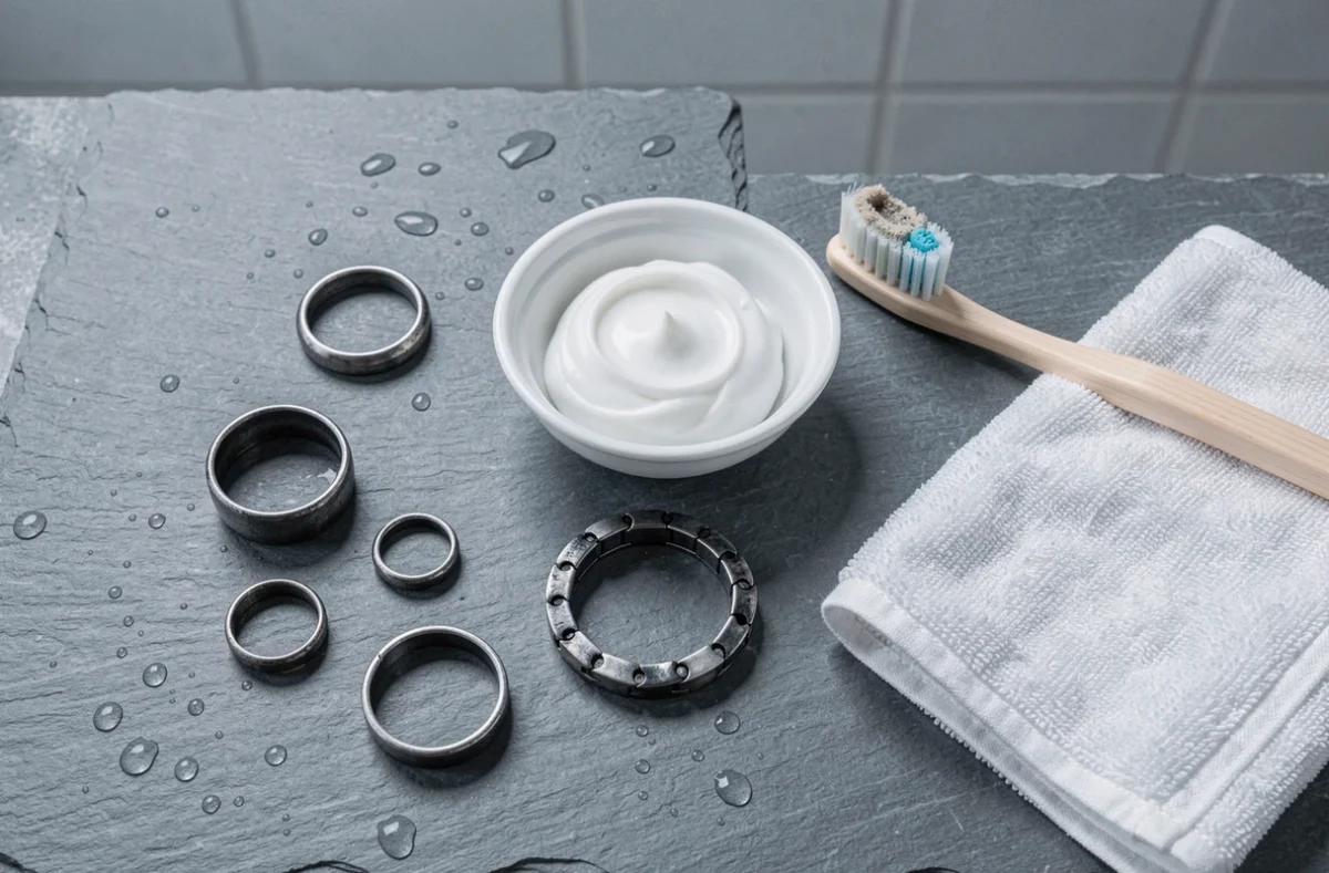 Vue du dessus de bijoux en argent noirci avec du dentifrice et une brosse à dents pour un nettoyage maison