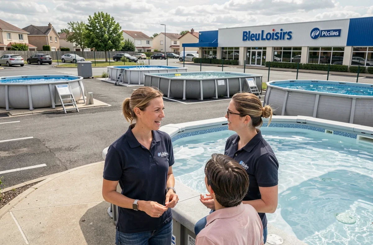 Showroom extérieur Bleu Loisirs à Décines avec plusieurs modèles de piscines exposés