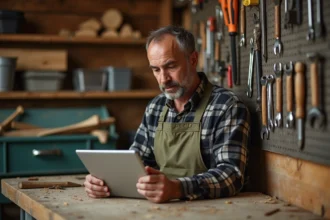 Bricoleur expérimenté consultant un site de bricolage sur tablette dans un atelier fait maison bien équipé