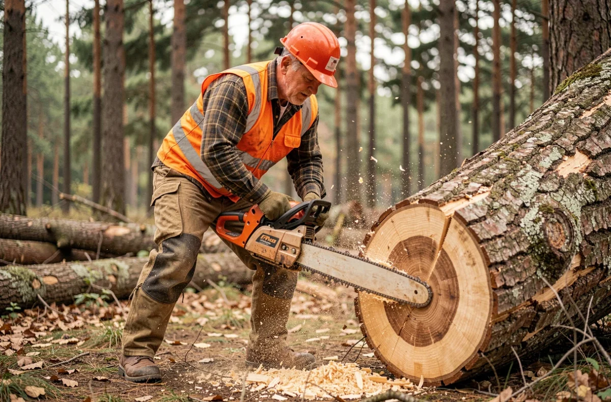 Bûcheron professionnel abattant un tronc d'arbre en forêt avec tronçonneuse et équipement de protection individuelle