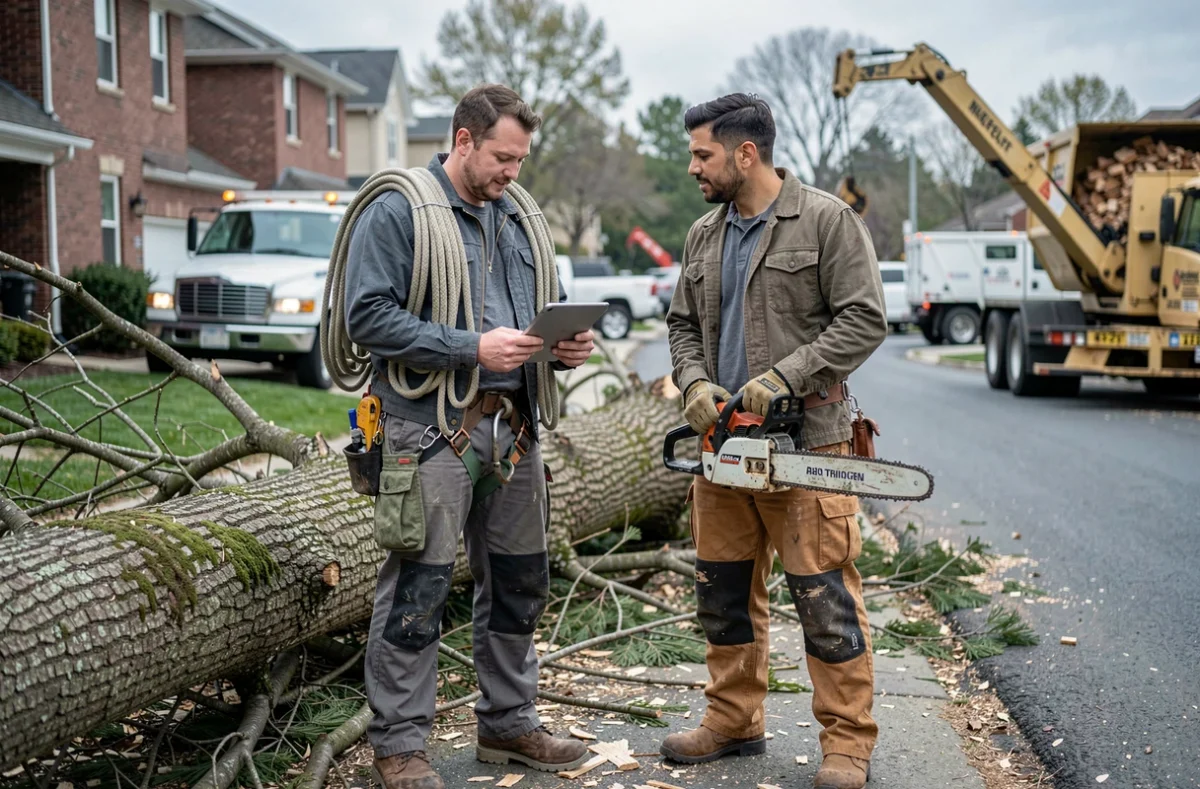 Bûcheron et élagueur professionnels comparant leurs outils et équipements sur un chantier d'abattage en milieu urbain