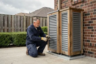 Technicien inspectant un caisson d'insonorisation en bois gris installé autour d'une pompe à chaleur extérieure contre un mur en brique