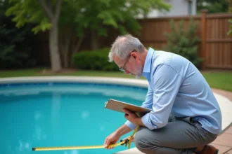 Professionnel mesurant le diamètre d'une piscine ronde avec un mètre ruban dans un jardin pavillonnaire