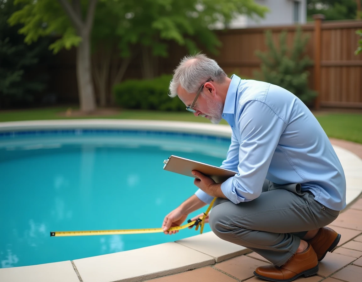 Professionnel mesurant le diamètre d'une piscine ronde avec un mètre ruban dans un jardin pavillonnaire