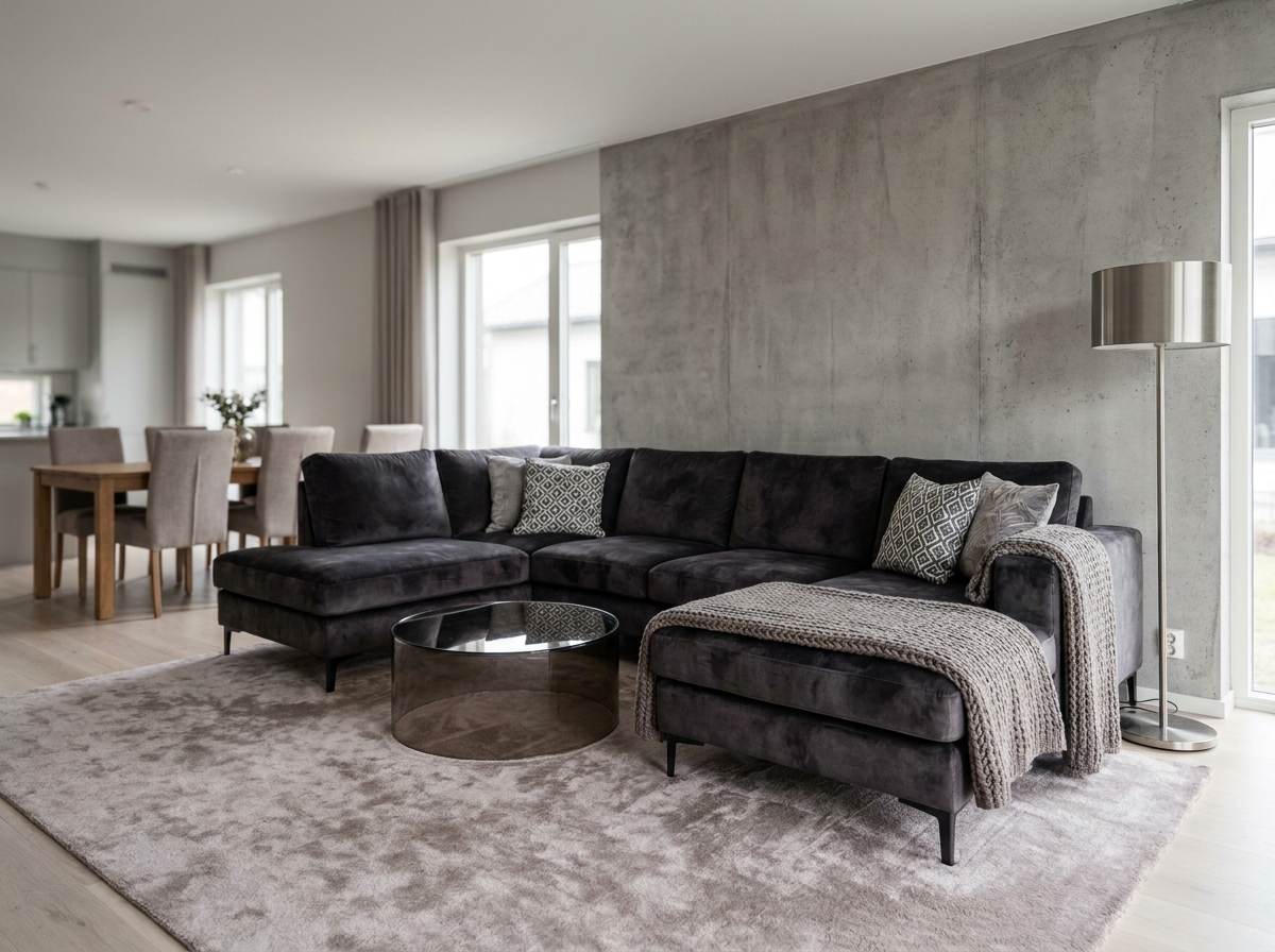 Grand canapé d'angle en velours anthracite dans un salon ouvert au style contemporain industriel