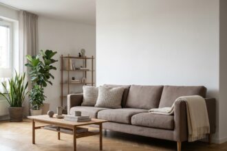 Canapé droit trois places en lin taupe dans un salon minimaliste au parquet chêne clair