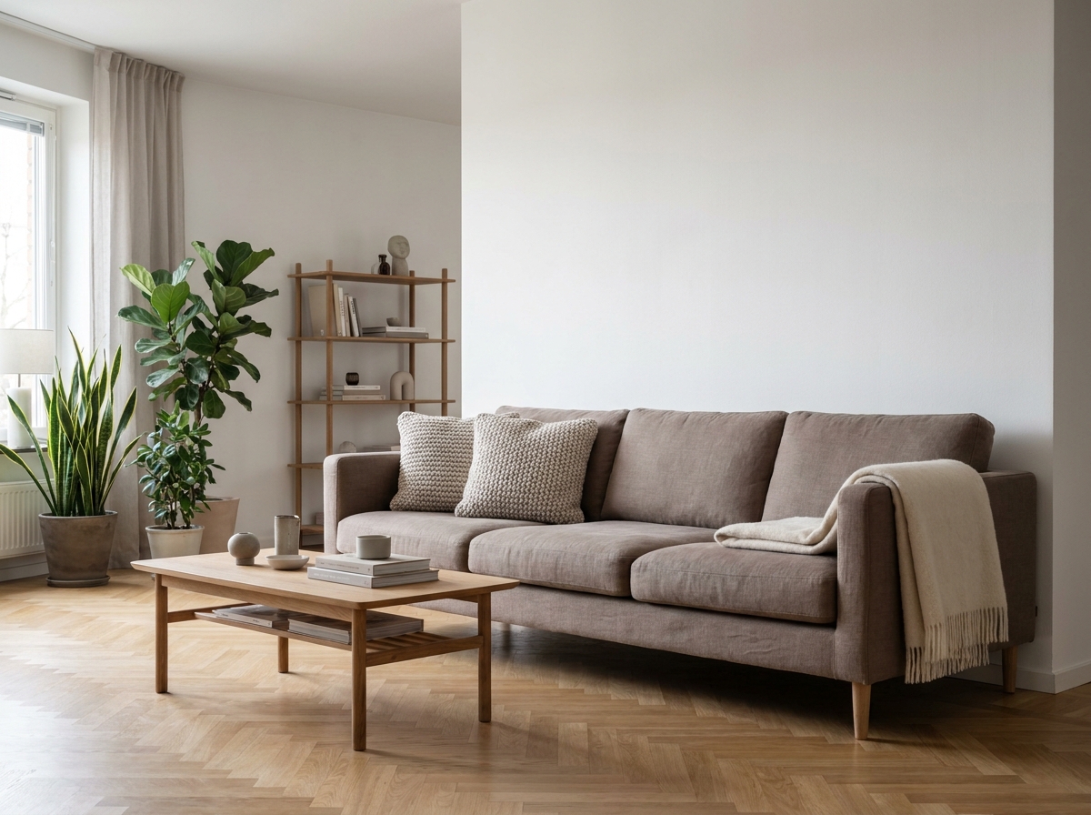Canapé droit trois places en lin taupe dans un salon minimaliste au parquet chêne clair