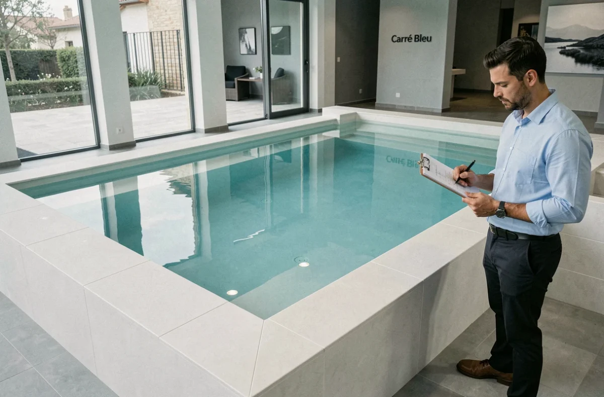 Piscine rectangulaire à débordement Carré Bleu présentée dans le showroom de Beynost