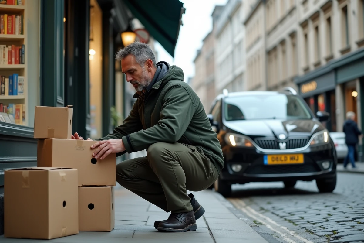 Homme récupérant des cartons gratuits devant une librairie en ville pour préparer son déménagement