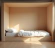 Chambre minimaliste avec lit dans une grande caisse en carton